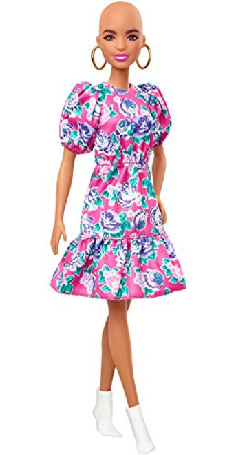Barbie Fashionistas Doll with No-Hair Look Wearing Pink Floral Dress, White Booties & Earrings, Toy for Kids 3 to 8 Years Old Barbie Fashionistas Doll with No-Hair Look Wearing Pink Floral Dress, White Booties & Earrings, Toy for Kids 3 to 8 Years Old