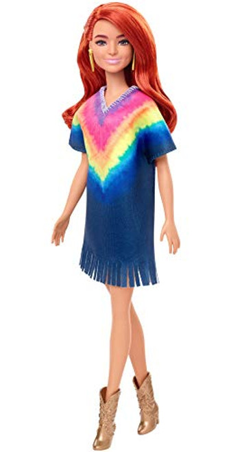 Barbie Fashionistas Doll with Long Red Hair Wearing Tie-Dye Fringe Dress, Golden Boots & Earrings, Toy for Kids 3 to 8 Years Old Barbie Fashionistas Doll with Long Red Hair Wearing Tie-Dye Fringe Dress, Golden Boots & Earrings, Toy for Kids 3 to 8 Years Old