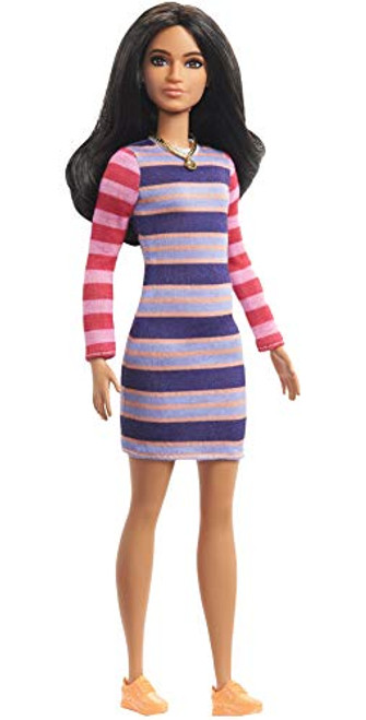 Barbie Fashionistas Doll with Long Brunette Hair Wearing Striped Dress, Orange Shoes & Necklace, Toy for Kids 3 to 8 Years Old, Multi (GHW61) Barbie Fashionistas Doll with Long Brunette Hair Wearing Striped Dress, Orange Shoes & Necklace, Toy for Kids 3 to 8 Years Old, Multi (GHW61)