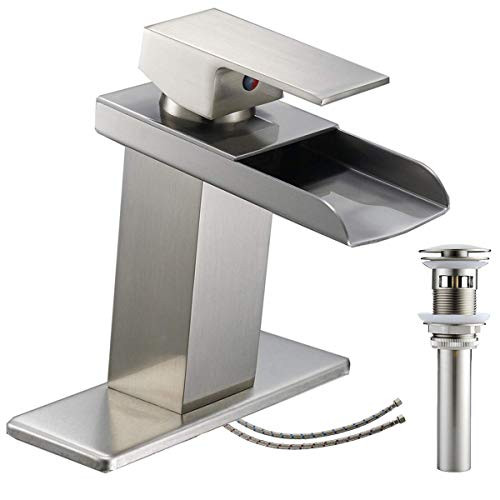 Bathlavish Bathroom Faucet Brushed Nickel Waterfall Lavatory Sink Vanity Single Hole with Pop up Drain with Overflow One Handle Basin Mixer Tap Supply Line