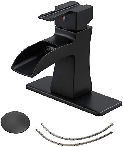 Homevacious Bathroom Faucet Matte Black Waterfall Single Hole With Pop Up Drain Assembly Farmhouse One Handle Sink Vanity Mixer Tap With Overflow Supply Line Lead-Free