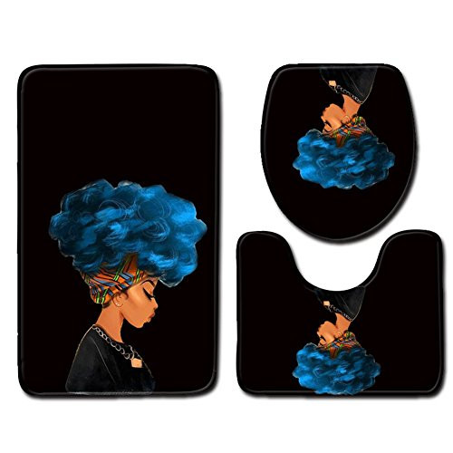 Afro Black Woman with Blue Hair Skidproof Toilet Seat Bathroom Floor Mat Pedestal Rug + Lid Toilet Cover + Bath Mat 3 Piece Afro Black Woman with Blue Hair Skidproof Toilet Seat Bathroom Floor Mat Pedestal Rug + Lid Toilet Cover + Bath Mat 3 Piece