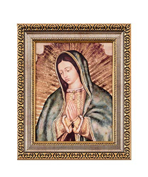 MEXICANDOO Our Lady of Guadalupe Framed Portrait Print (Cuadro de la Virgen de Guadalupe) 11x13 inch with Golden and Silver Plated Finish Catholic Religious Wall Art Decoration