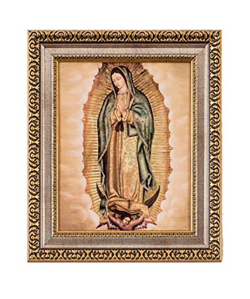 MEXICANDOO Our Lady of Guadalupe Complete Figure Framed Print (Cuadro de la Virgen de Guadalupe) 11x13 inch with Golden and Silver Plated Finish Catholic Religious Wall Art Decoration