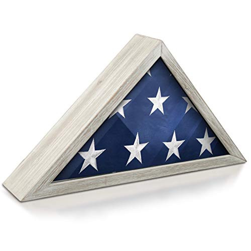HBCY Creations Rustic Flag Case - Solid Wood Military Flag Display Case for 9.5 x 5 American Veteran Burial Flag, Wall Mounted Burial Flag Frame - Flag Shadow Box to Display Folded Flag (Whitewashed)