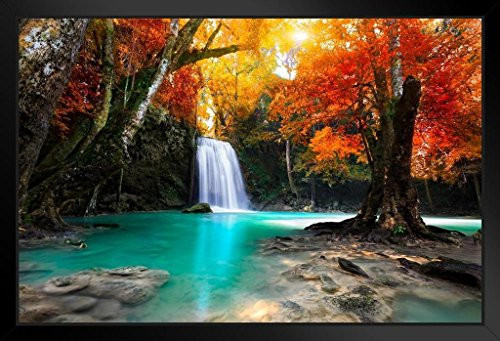 Beautiful Waterfall Surrounded by Autumn Foliage Photo Art Print Black Wood Framed Poster 20x14