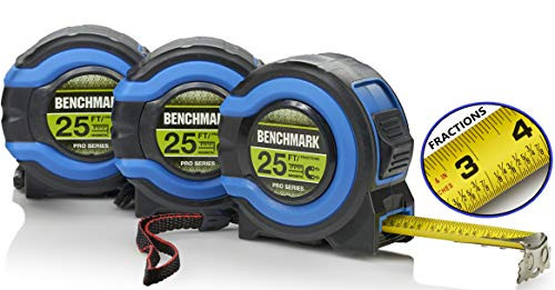 3 Pack - 25 Foot Tape Measures - Easy To Read Fractions To 1/8th - Magnetic Claw Tip - Thumb and Quick Lock - Autowind - Belt Clip