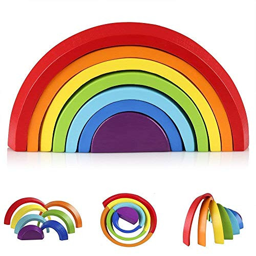 KanCai Wooden Rainbow Stacking Game Learning Toy Geometry Building Blocks Educational Toys for Kids Baby Toddlers (Rainbow)