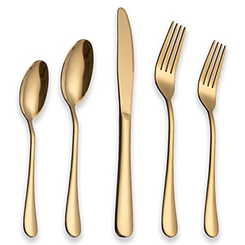 Berglander Flatware Set 20 Piece, Stainless Steel With Titanium Gold Plated, Golden Color Flatware Set, Silverware, Cutlery Set Service For 4 (Shiny Gold)