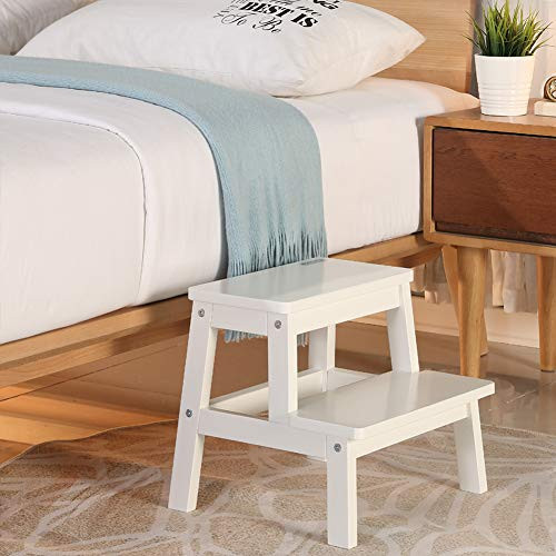 HOUCHICS Multi-Purpose Kids 2-Step Wood Step Stool with 260lb Load Capacity Wooden Bedside Step Stool Adults for Kitchen,Bathroom,Bedroom(White)
