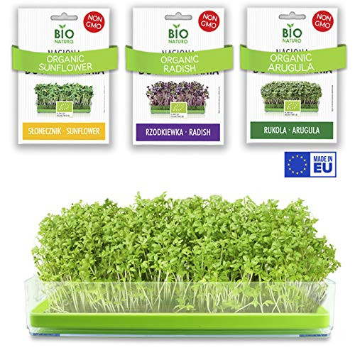 Microgreens Growing Kit Organic No Soil  BPA Free Sprouter Tray with Organic Non GMO Sprouting Seeds | Arugula Radish Sunflower | Compact Design | Home Garden | Healthy Microgreens Seeds Grow Kit