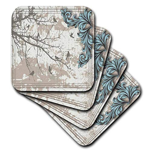 3dRose Birds on A Tree Branch of Gray with A Pretty Blue Flourish - Soft Coasters, Set of 4 (CST_78090_1)