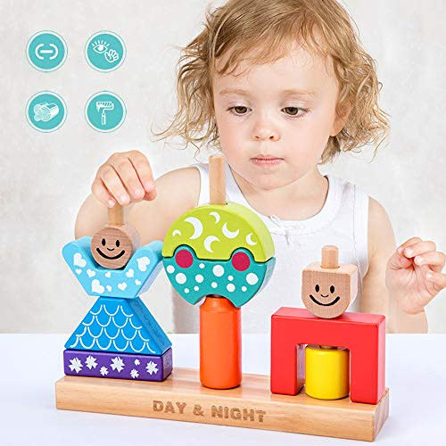 Toddler Fine Motor Skill Toy, Montessori Wooden Blocks Toys Preschool Stacking STEM Educational Toys for 3 4 5 Years Old Toddlers Early Development Toys Creative Construction Gifts for Girls and Boys