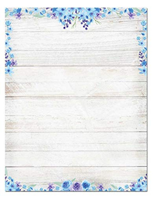 Blue Floral Rustic Stationery - 8.5 x 11-60 Letterhead Sheets - Border Letterhead (Blur Floral)