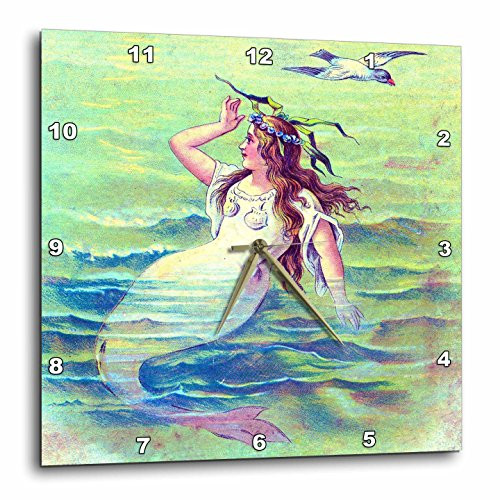 3dRose dpp_35139_1 Blue Green Pink Mermaid and Dove Wall Clock, 10 by 10-Inch