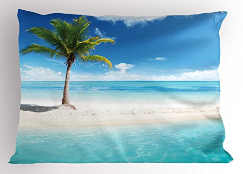Ambesonne Ocean Pillow Sham, Idyllic Scenery Seashore Picture Sunlights View with Palm Tree Tropical Beach, Decorative Standard Queen Size Printed Pillowcase, 30 X 20 Inches, Aqua White Green