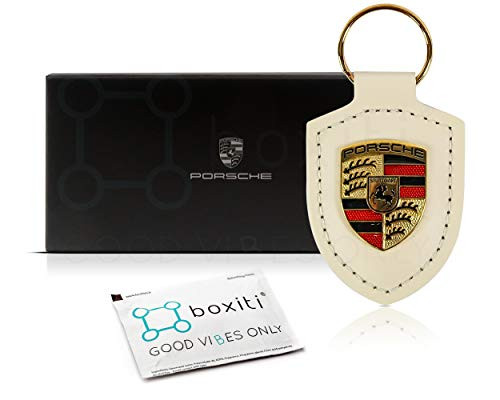 Genuine Key Chain Ring for Porsche Vehicle Keys (82mm x 43mm) Porsche Crest Keyfob with Fine White Leather Fob for Porsche Owners