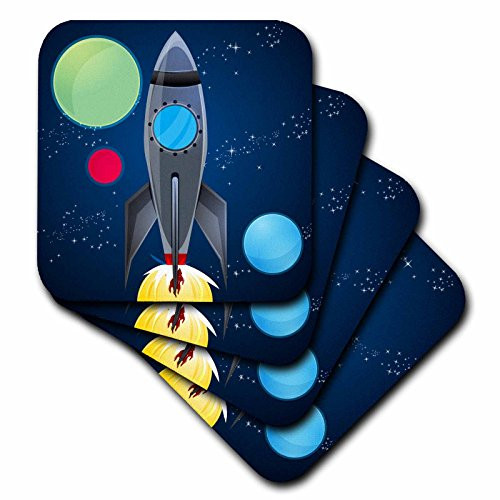 3dRose CST_111577_1 Boys Rocket Ship with Planets Design on a Dark Blue Background-Soft Coasters, Set of 4