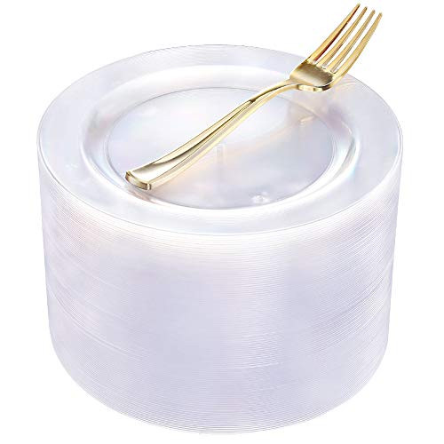 BUCLA 100Pieces Clear Plastic Plates with 100pieces Gold Plastic Forks-7.5inch Disposable Salad/Dessert Plates- Premium Hard Plastic Appetizer Plates for Weddings& Parties BUCLA 100Pieces Clear Plastic Plates with 100pieces Gold Plastic Forks-7.5inch Disposable Salad/Dessert Plates- Premium Hard Plastic Appetizer Plates for Weddings& Parties