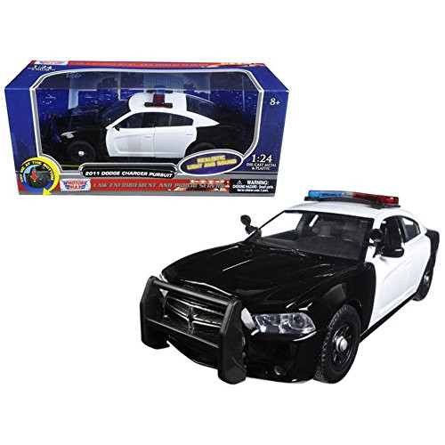 Motormax 79533 2011 Dodge Charger Pursuit Police Car Black & White with Flashing Light bar, Front & Rear Lights & 2 Sounds 1/24 Diecast Model Car, Multi