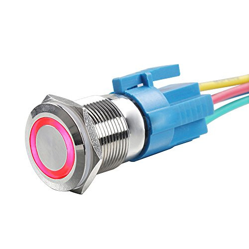 Yakamoz DC12V 19mm 3/4" Red Ring Led Metal Momentary Push Button Switch Car DIY Switch Silver with Wired Connector Adapter