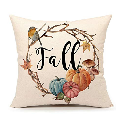 4TH Emotion Fall Pumpkin Bird Throw Pillow Cover Farmhouse Autumn Cushion Case for Sofa Couch 18x18 Inches Cotton Linen