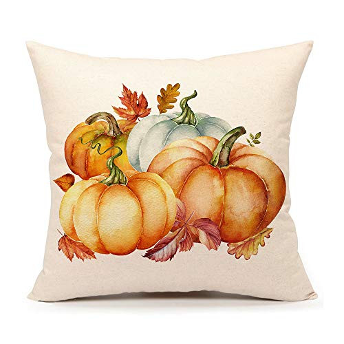 4TH Emotion Pumpkin Fall Throw Pillow Cover Farmhouse Autumn Cushion Case for Sofa Couch 18x18 Inches Cotton Linen