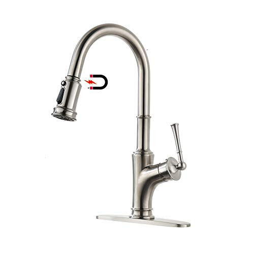 APPASO Pull Down Kitchen Faucet with Magnetic Docking Sprayer and Brush, Single Handle High Arc One Hole Pull Out Kitchen Sink Faucets with 3-Mode Sprayer, Stainless Steel Brushed Nickel, APS192BN