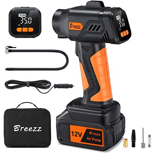 Breezz Cordless Tire Inflator, Portable Air Compressor with Digital Pressure Gauge Air Pump Including Rechargeable Li-ion Battery and 12V Car Power Cord Breezz Cordless Tire Inflator, Portable Air Compressor with Digital Pressure Gauge Air Pump Including Rechargeable Li-ion Battery and 12V Car Power Cord