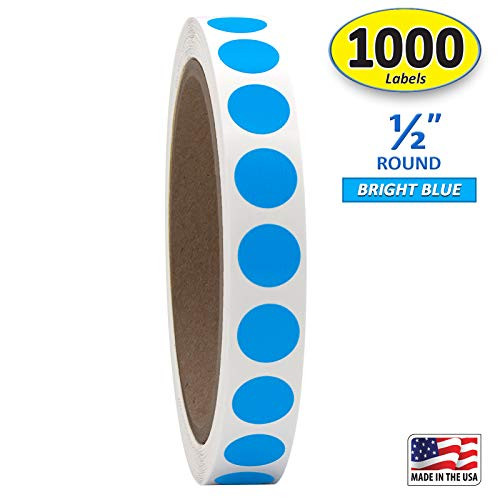 1/2" Bright Blue Round Color Coding Circle Dot Labels on a Roll, Semi-Gloss, 1000 Stickers.5 inch Diameter.