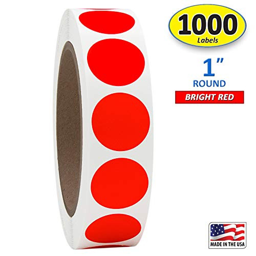 1" Bright Red Round Color Coding Circle Dot Labels on a Roll, Semi-Gloss, 1000 Stickers, 1 inch Diameter.