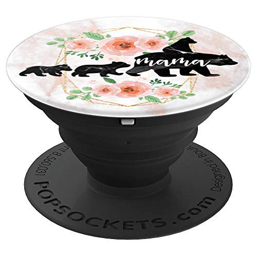 Mama Bear | Trendy Watercolor Floral Rose Pink Three Cubs PopSockets Grip and Stand for Phones and Tablets