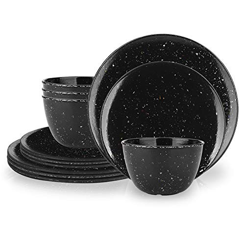 Zak Designs Confetti Melamine Dinnerware Set Includes Dinner Plates, Salad Plates, and Individual Bowls, Durable and Eco-Friendly (Black, 12-Piece Dinnerware Set Service for 4, BPA Free)