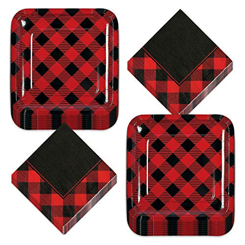 Buffalo Plaid Party Supplies - Red and Black Checkered Paper Dinner Plates and Luncheon Napkins (Serves 16) Buffalo Plaid Party Supplies - Red and Black Checkered Paper Dinner Plates and Luncheon Napkins (Serves 16)