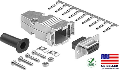 CompuCablePlusUSA.com Best DB9 Female Connector Kit, DB9 Female Crimp Type Metal Hood + 9 Gold Plated Pro D-Sub Female Pins + Strain Relief Grommet, Most Complete DB9 Connector Kit Set