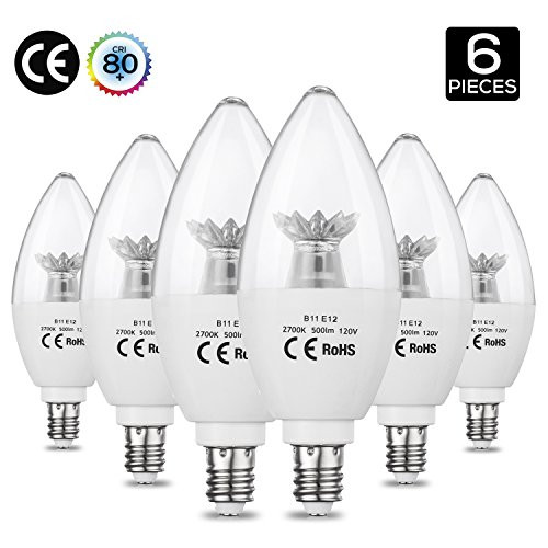 AED Lighting LED Candelabra Bulb, 50-Watt Light Bulbs Equivalent, LED 5Watt 2700K Chandelier Bulbs, Decorative Candle Light Bulb E12 Candelabra Base, 500lm, Torpedo Shape, 6 Pack