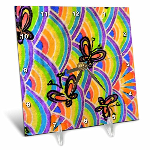 3dRose dc_16372_1 Desk Clock, Butterfly n Rainbow, 6 by 6-Inch