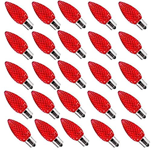 25 Pack C9 LED Replacement Christmas Light Bulb, C9 Shatterproof LED Bulb for Christmas String Light, E17 Intermediate Base, Commercial Grade Bulbs, 5 Diode (LED's) (red)