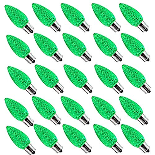 25 Pack C9 LED Replacement Christmas Light Bulb, C9 Shatterproof LED Bulb for Christmas String Light, E17 Intermediate Base, Commercial Grade Bulbs, 5 Diode (LED's) (Green)