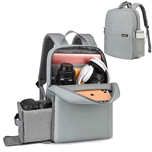 CADeN Camera Bag Backpack w/14 Laptop Compartment Waterproof, Camera Case for DSLR Mirrorless SLR Cameras, Compatible for Sony Canon Nikon Camera and Lens Tripod Accessories Light Grey