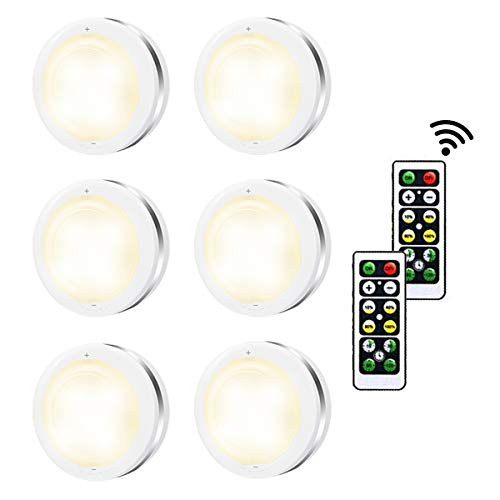 Cadrim Puck Lights, LED Stick on Lightings and Dimmable Under Cabinet Lights Battery Powered Under Counter Tap Lights with 2 Wireless Remote Controls (6 Pack) (White)
