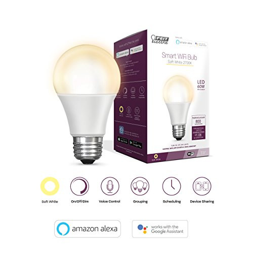Feit Electric A800/827/AG Soft White Smart WiFi LED Dimmable 60W Equivalent (2700K) A19 Light Bulb, No Hub Required, Works with Alexa and Google Assistant Feit Electric A800/827/AG Soft White Smart WiFi LED Dimmable 60W Equivalent (2700K) A19 Light Bulb, No Hub Required, Works with Alexa and Google Assistant