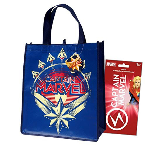 Marvel Comics Reusable Tote Bag Bundled with Large Captain Marvel Sticker