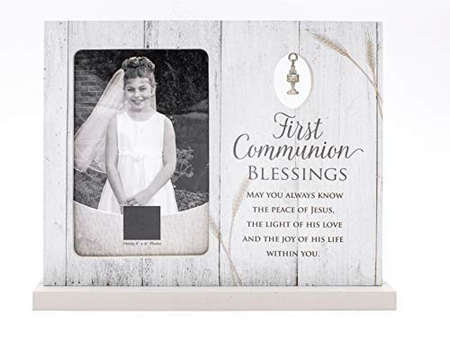 First Holy Communion White Wood Texture Tabletop Picture Frame with 3D Silver Metal Chalice Dangling Charm and Sacramental Blessing Holds a 4x6 Photograph Suitable for both boys and girls. (Communion)