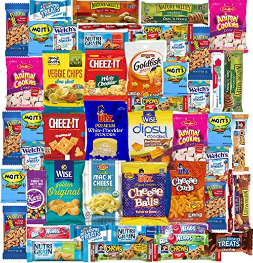 Blue Ribbon Care Package 50 Count Ultimate Sampler Mixed Bars, Cookies, Chips, Candy Snacks Box for Office, Meetings, Schools,Friends & Family, Military,College, Halloween, Father's Day Gift Basket