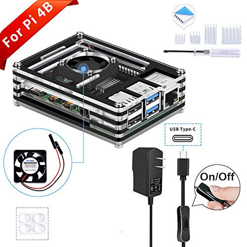 GeeekPi Raspberry Pi 4 Case with 5V 3A USB-C Power Supply, Raspberry Pi Case with Fan & 4PCS Raspberry Pi Heatsinks for Raspberry Pi 4 Model B(Only for Pi 4)(Black and Clear)