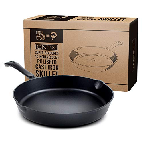 Fresh Australian Kitchen Super Pre-Seasoned Polished 10 Inch (25cm) Cast Iron Skillet. Perfect Pan for Frying, Camping, BBQ. Oven Safe.