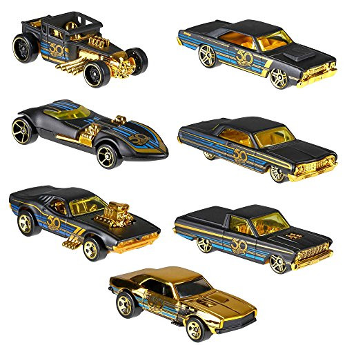 Hot Wheels 50th Anniversary Black and Gold Collection - Bone Shaker, Twin Mill, Rodger Dodger, 1968 Dodge Dart, 1964 Chevy Impala, 1965 Ford Ranchero, and Gold Chase 1967 Camaro