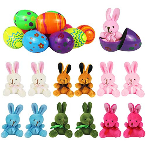 Mitcien 12 Pcs Easter Eggs with Plush Rabbits Easter Egg Toys, Easter Eggs filled with toys, Surprise Plastic Colorful Easter Egg Toys for Easter Eggs decoration Prefilled Easter Eggs