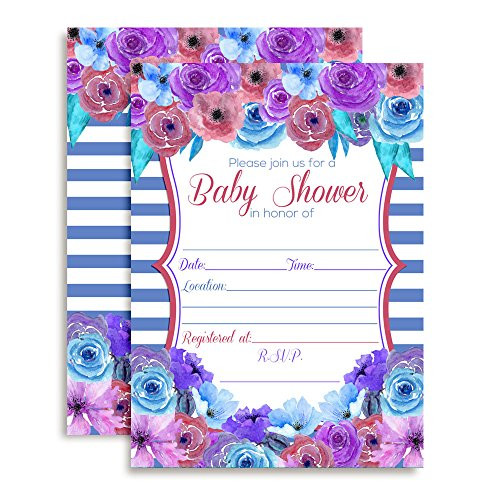 Amanda Creation Pink, Purple & Blue Watercolor Floral Baby Shower Fill in Invitations, Set of 20 Including envelopes